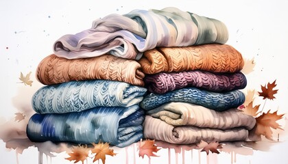 Wall Mural - stack of knitted cozy autumn sweaters and blankets watercolor on white background