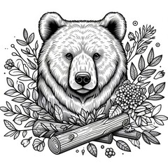 Wall Mural - Monochrome line art bear in sketch style coloring page illustration