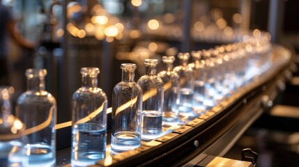 Wall Mural - Glass bottles on conveyor belt in factory, closeup of photo