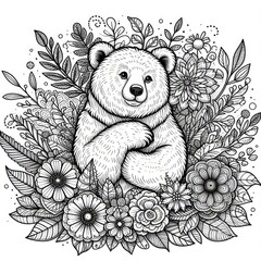 Wall Mural - Monochrome line art bear in sketch style coloring page illustration