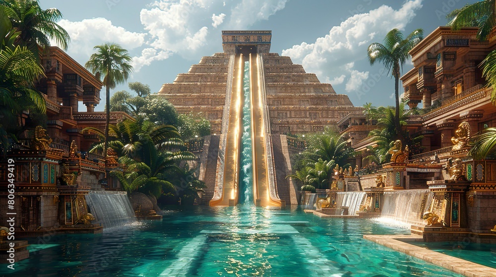 An Aztec pyramid with a slide made of gold into a pool made with Ai ...