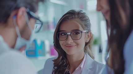 Beautiful woman with optician trying eyeglasses, Generative AI