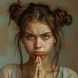 Girl 20s portrait, cute upset look begging, praying gesture, capricious female face, brown hair, double buns