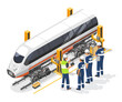 Train maintenance service training career concept Engineer and mechanic work together in garage station isometric isolated cartoon vector