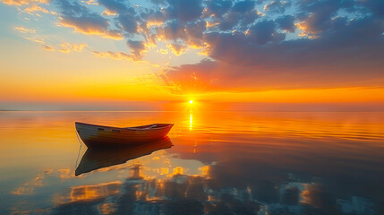 Poster - A boat sits in the water at sunset.