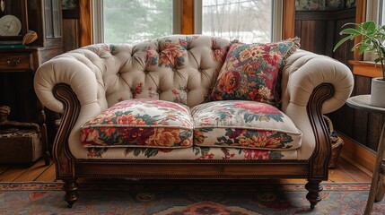 Wall Mural - sofa and pillow decorated with red floral pattern in the living room with window behind it. 