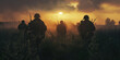 Memorial Day concept. Portrait of soldiers walking with their weapons towards the sunset, golden hour. Banner style.