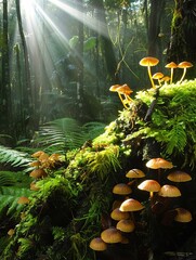 Wall Mural - A forest with mushrooms and sunlight shining through.