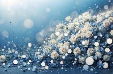 Elegant floral arrangement of blue and white roses petals scattered. Flowers background.