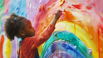 Wall Mural - Happy african american child painting a rainbow on a wall. Young black girl painting gay pride painting of hope and acceptance. Inclusion and diversity in school. DEI education