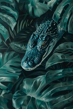 A Hand Painting Of An African Alligator Hiding In Monstera Looking Mysterious. Simplistic, Modern , Generated With Ai