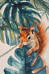 Wall Mural - A hand painting of an african squirrel hiding in monstera looking mysterious. simplistic, modern , generated with ai