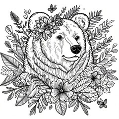 Wall Mural - Monochrome line art bear in sketch style coloring page illustration