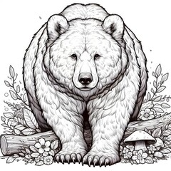 Wall Mural - Monochrome line art bear in sketch style coloring page illustration