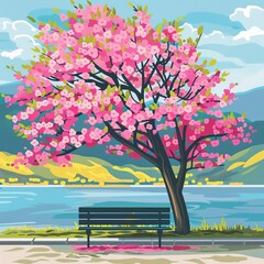 Wall Mural - A pink cherry blossom tree with leaves in full bloom stands by the lake, and there is an empty bench under it. The sky above features light blue clouds, generated with AI
