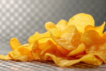 Wall Mural - Crispy Golden Potato Chips Piled on a Transparent Surface