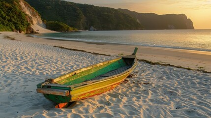 Wall Mural - A small fishing boat, brightly colored, left alone on the sandy beach of an island at sunrise. the morning light casts a warm glow over the scene, generated with ai