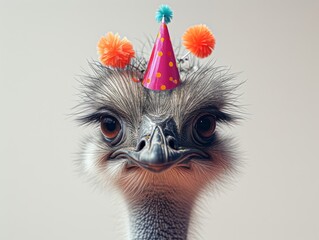 Wall Mural - A splendid ostrich wearing a cute birthday hat, generated with ai