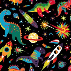 Wall Mural - A vibrant pattern of colorful space dinosaurs and rocket ships, floating in the black background, generated with AI