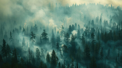 Wall Mural - Forest engulfed in wildfire smoke.