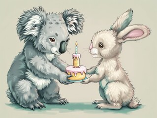 Wall Mural - Lithography style simple, pastle coloured illustration of a male Koala giving a birthday cake to a cute female bunny, generated with AI
