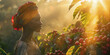 African black farmer or picker working on coffee farm, closeup detail with morning sunlight rays background, red berries growing on bushes in foreground. Generative AI