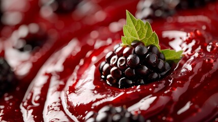 Sticker - A single blackberry with a mint leaf on a vibrant red glossy liquid background, suggesting flavor and richness