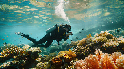 Scientist studying coral reefs underwater, documenting climate change effects.