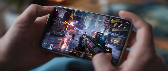 Wall Mural - generic game UI design done by the contributor, mobile app action shooter AAA videogame gameplay design for mobile smartphone or web 3.0 playing to earn gaming banner