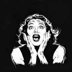 Graphic pen & ink icon of a beautiful woman, happy surprised expression, hands on face, in the style of 1970s, black and white, black background , generated with ai