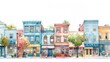 IIllustration, watercolor, soft colors, white background, wide angle shot of small businesses in a city center, generated with AI