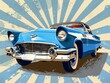 Illustration of a vintage car in blue and white, in the style of pop art inspired comics, sun rays shining on it, generated with AI