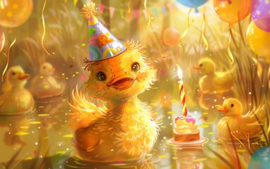 Wall Mural - Illustration of a birthday duck wearing a colorful party hat, generated with AI