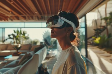 Gamer using VR goggle connecting in visual world program. Person standing while enter in futuristic world for playing game while using visual reality glasses. Technology innovation concept. AIG42.