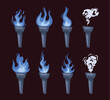 Fire blue burning torch flame icon isolated set. Vector graphic design illustration