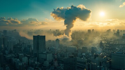 Wall Mural - Photo of heart shaped cloud in the sky over tokyo, shot on sony alpha a7 iv camera, smoke rising from city buildings, realistic, cinematic , generated with ai