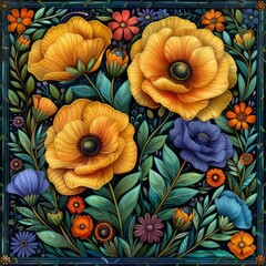Wall Mural - Symmetrical drawing of Poppies florabunda style, soft brilliant and colorful, lush green leaves, colorful flowers, generated with AI