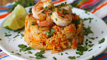 Wall Mural - Classic colombian shrimp dish served on seasoned rice with fresh cilantro and lime, displayed on a colorful tablecloth