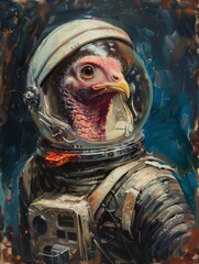 Poster - Vintage oil painting of a astronaut turkey portrait, vivid colors, moody, dark background, in the style of an oil painting , generated with ai