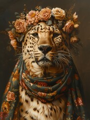 Wall Mural - Vintage oil painting of a royal leopard portrait, with flowers on its head wrapped in silk, vivid colors, style of an oil painting, generated with AI