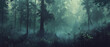 Serene forest blanketed in mist, tall trees reach for the sky, creatures hidden in shadows.