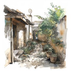 Wall Mural - Watercolor drawing of a hidden property in dubai. aquarelle painting of a hidden property in dubai with white background, white edges , generated with ai