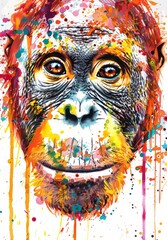 Wall Mural - watercolor Orangutan, white background, splatter, paint drips, clipart, detailed, clip art, generated with AI