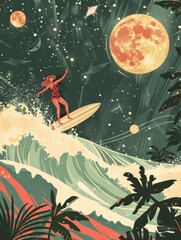 Wall Mural - Woman surfing in tropical setting but with celestial bodies in space in minimal style reference bali oceans and outerspace , generated with ai
