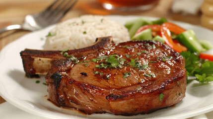 Wall Mural - Delicious grilled pork chop with white rice, fresh salad, and herb garnish, reflecting colombian culinary heritage on a plate