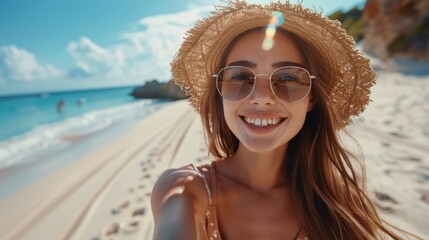 Wall Mural - Woman Wearing Hat and Sunglasses on Beach