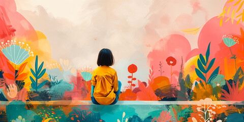  Imagination template artwork. Abstract Background backdrop illustration with plenty of space for text. Girl with black hair. Childhood, imagination, creativity, growth, education, learning, colorful