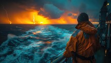 A Lone Sailor Stands On The Deck Of A Ship, Braving A Raging Storm