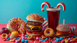 delicious donut, colorful donuts and sweets on blue background