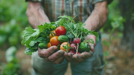 Wall Mural - Farm-to-Table: A farmer or gardener holding a freshly picked assortment of organic vegetables, emphasizing the journey from farm to table and the concept of sustainable, locally sourced food. 